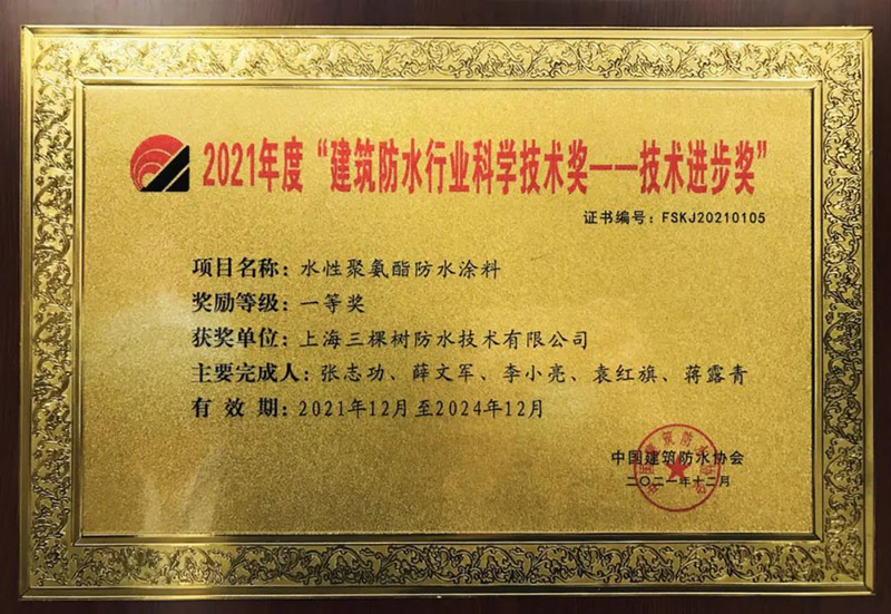 “建筑防水行业科技技术奖——技术进步奖”一等奖。